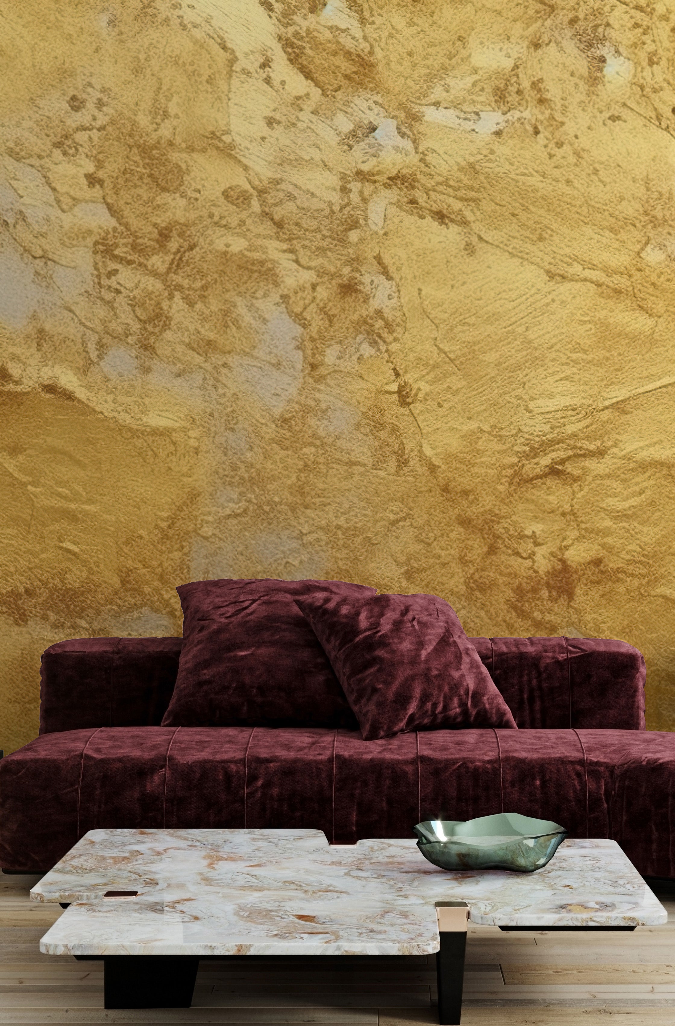 Luxury gold wall mural featuring textured surface, modern sofa setup, elegant lounge decor