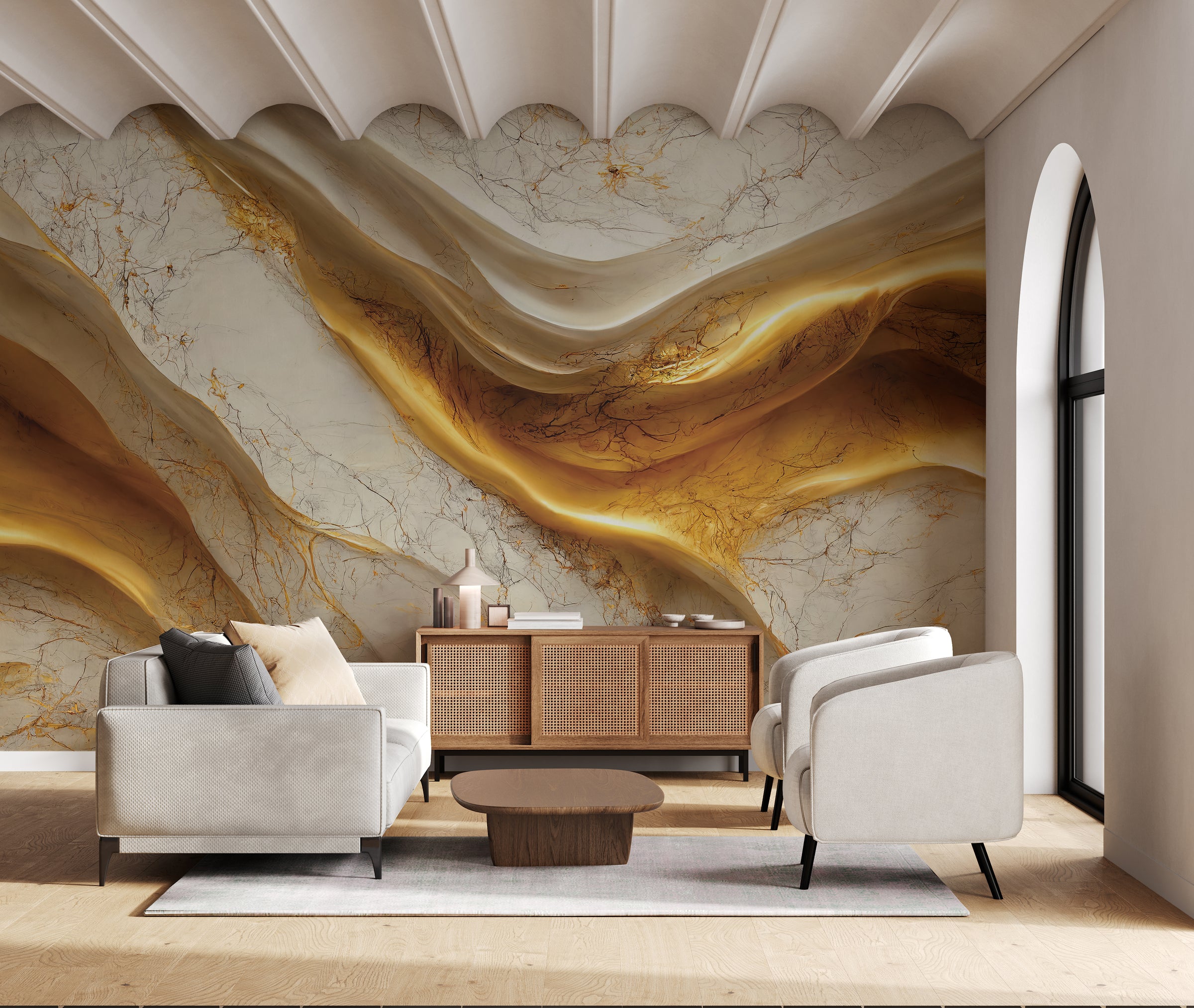 Premium gold marble wallpaper enhancing modern living interior statement wall