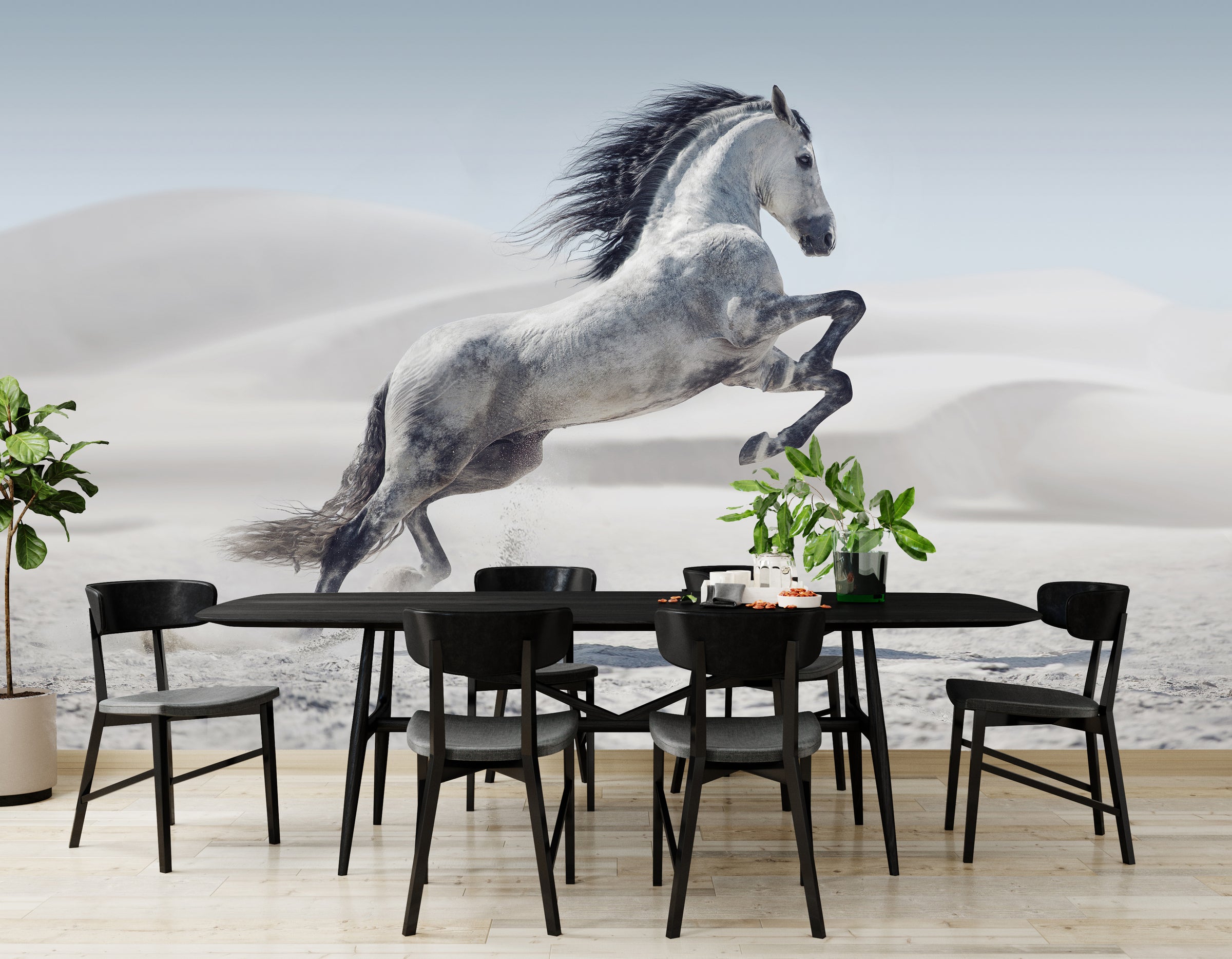 Wild equine landscape wallpaper mural installed on dining area statement wall creating sophisticated home styling with minimalist elegance