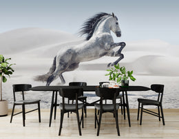 Wild equine landscape wallpaper mural installed on dining area statement wall creating sophisticated home styling with minimalist elegance