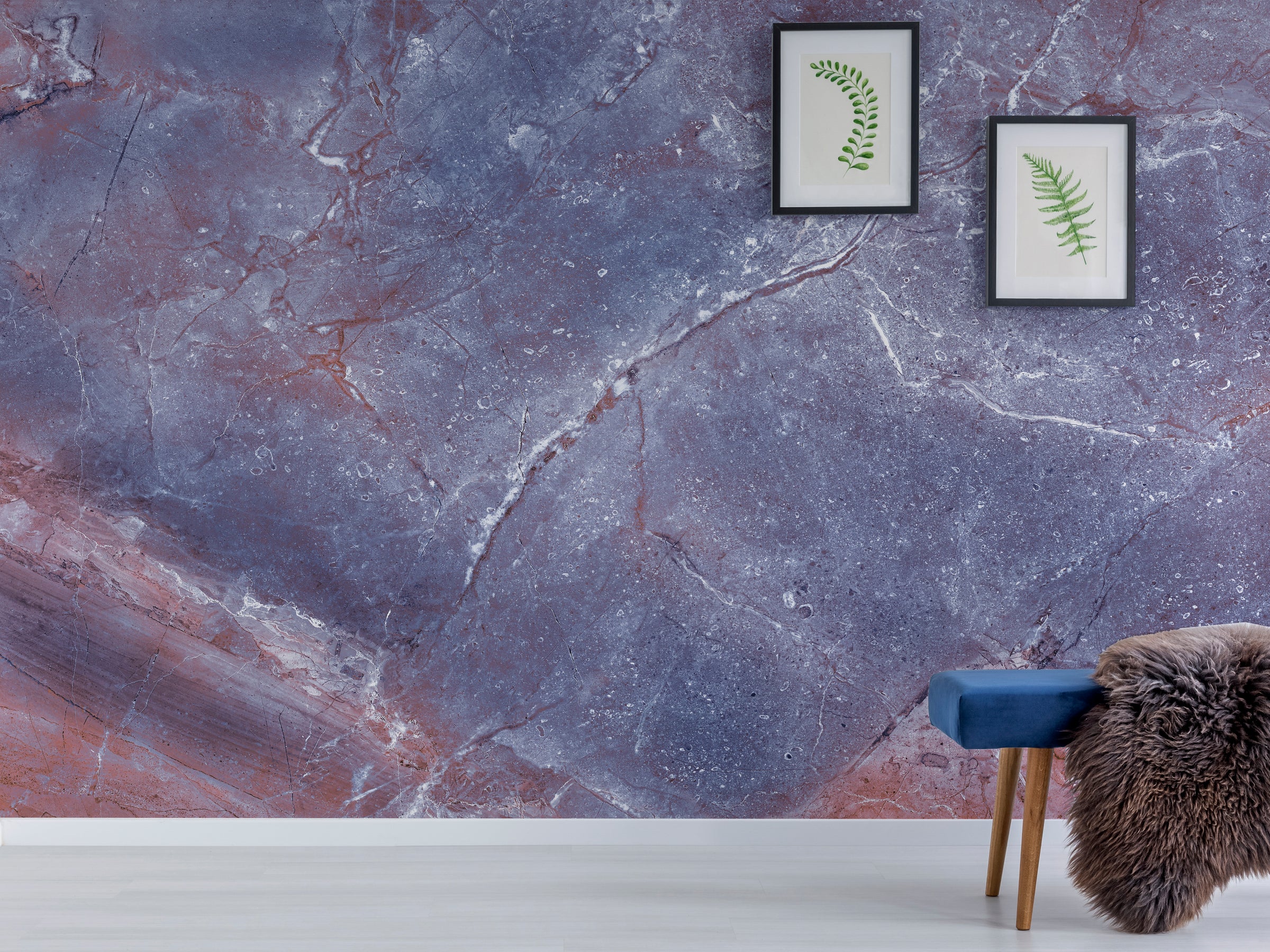 Bedroom wall decor showcasing abstract marble wallpaper in blue and purple tones