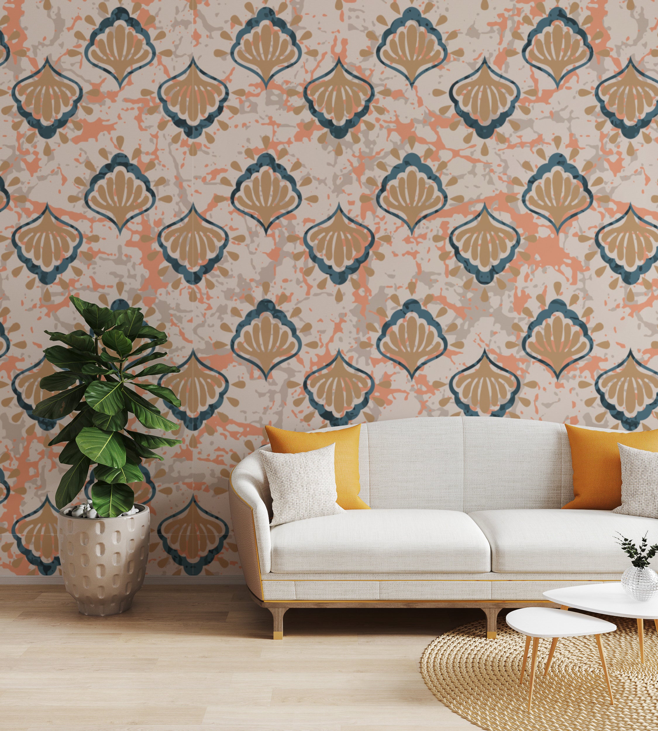 Bold living room accent wall decor featuring peel and stick Moroccan tile wallpaper in rich terracotta teal tones