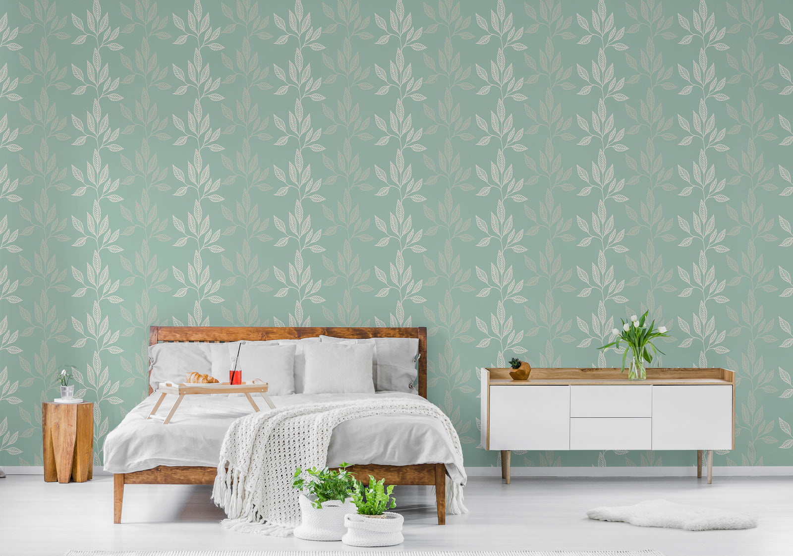Sage Green Botanical Leaf Wallpaper | Modern Peel and Stick Wall Decor