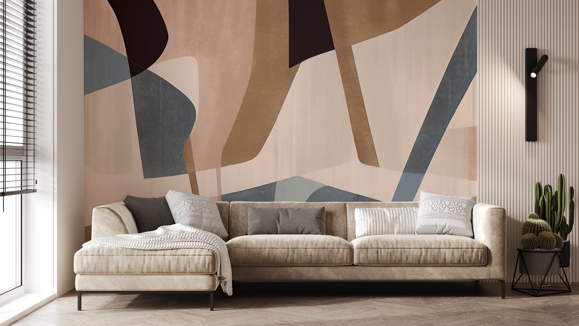 Modern watercolor abstract line art mural featuring fluid brush strokes and artistic contours enhancing contemporary living interiors.