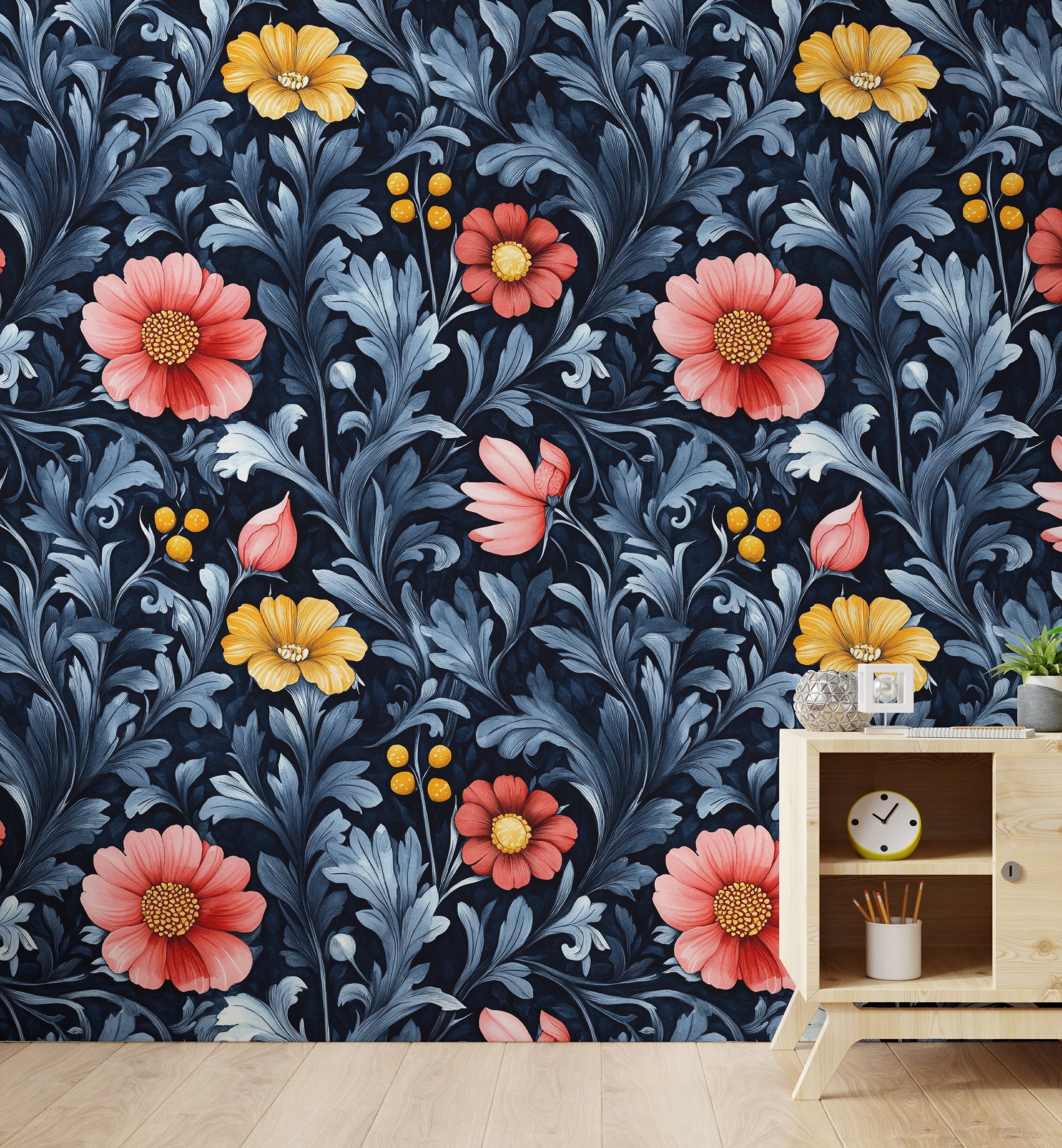 Bedroom accent wall wallpaper with dark blue floral design and soft coral flowers