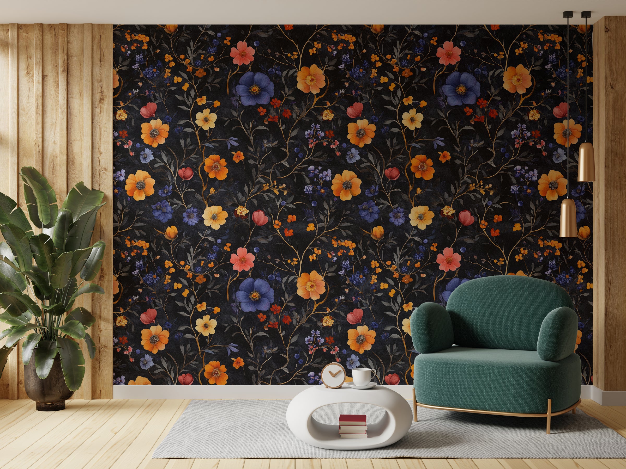 Artistic botanical pattern with orange and blue tones, ideal for welcoming hallway decor
