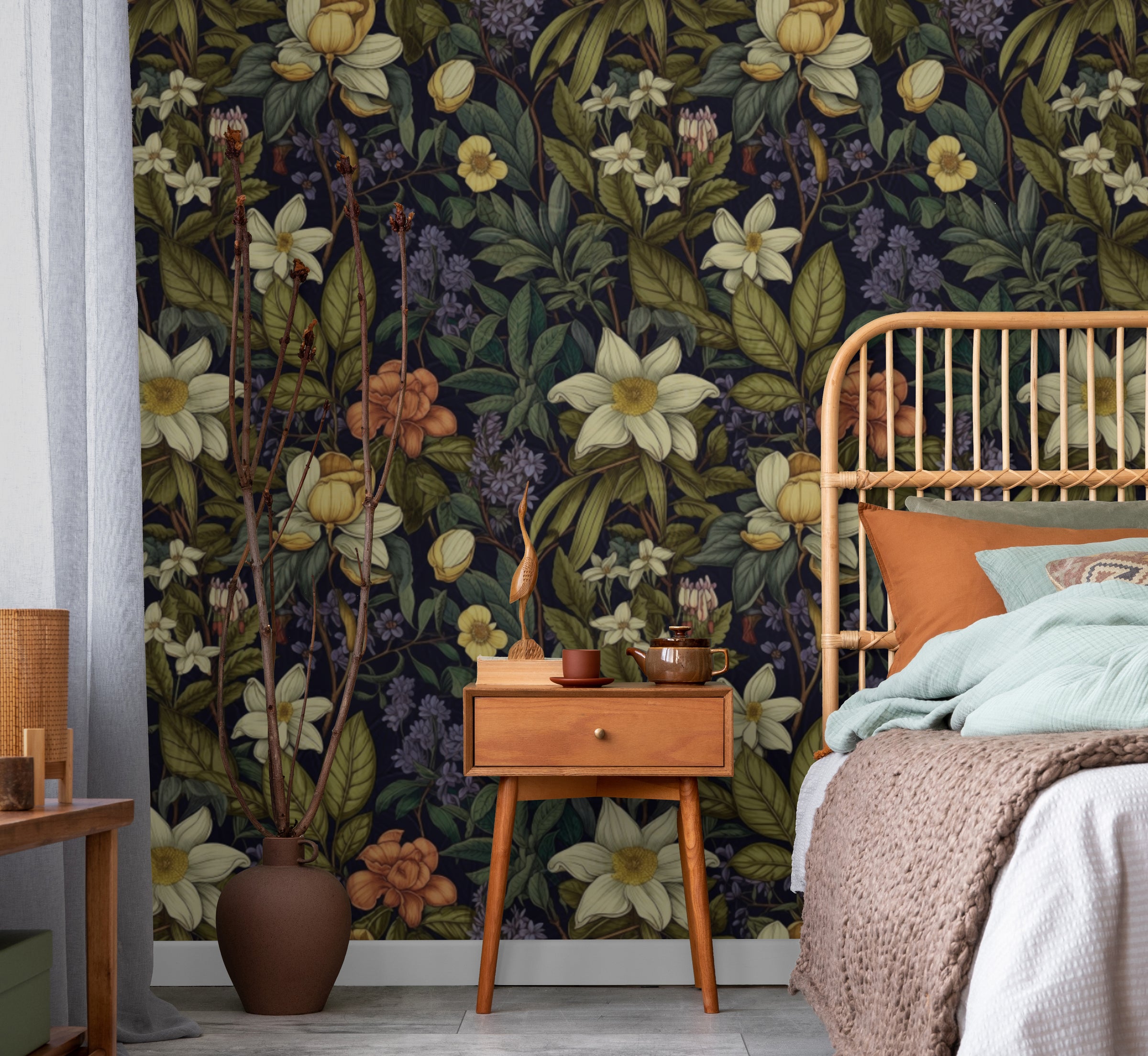 Luxury bedroom wall decor featuring botanical floral wallpaper with deep tones, perfect for cozy interiors