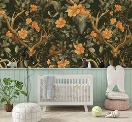 Whimsical forest wallpaper with fox, deer, orange blooms for toddler room accent wall