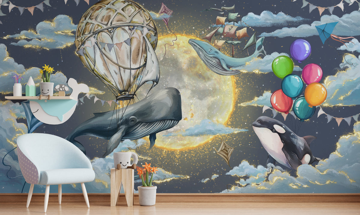 Whale Nursery Wallpaper Moonlit Ocean Fantasy Wall Mural Kids Bedroom Decor