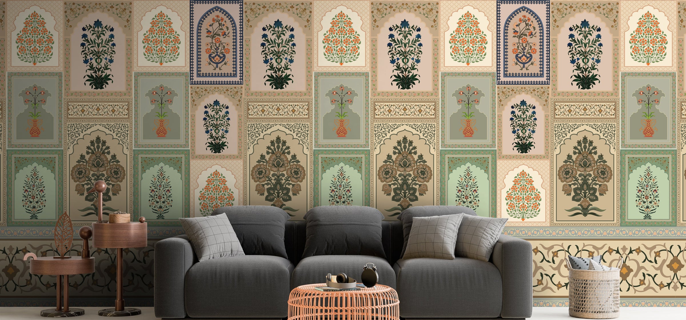 Indian pattern wall mural showcasing detailed plant motifs in sage green living room