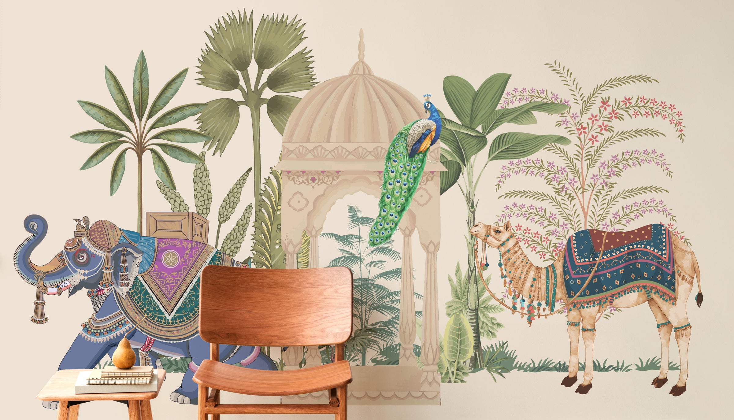 Royal garden wallpaper with camel elephant and botanical motifs in soft hues for study room