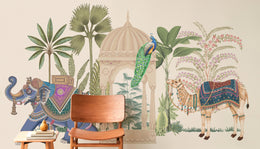 Royal garden wallpaper with camel elephant and botanical motifs in soft hues for study room