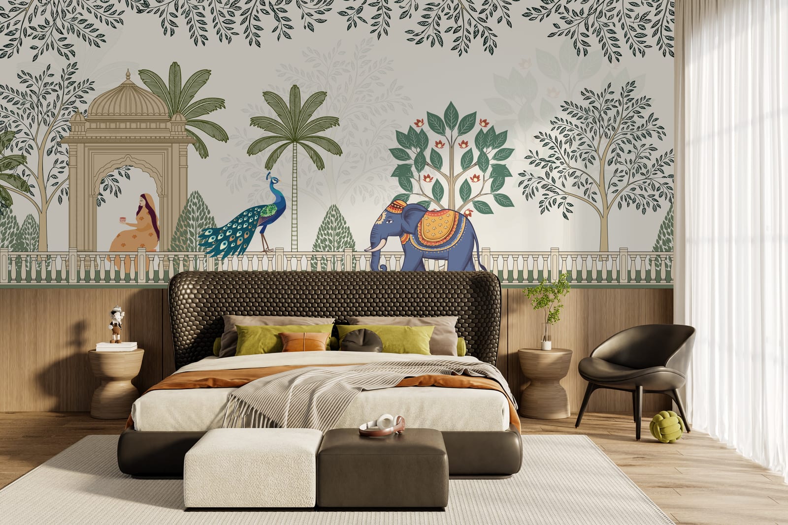 Royal Indian wall mural with botanical trees and palace art in elegant bedroom decor