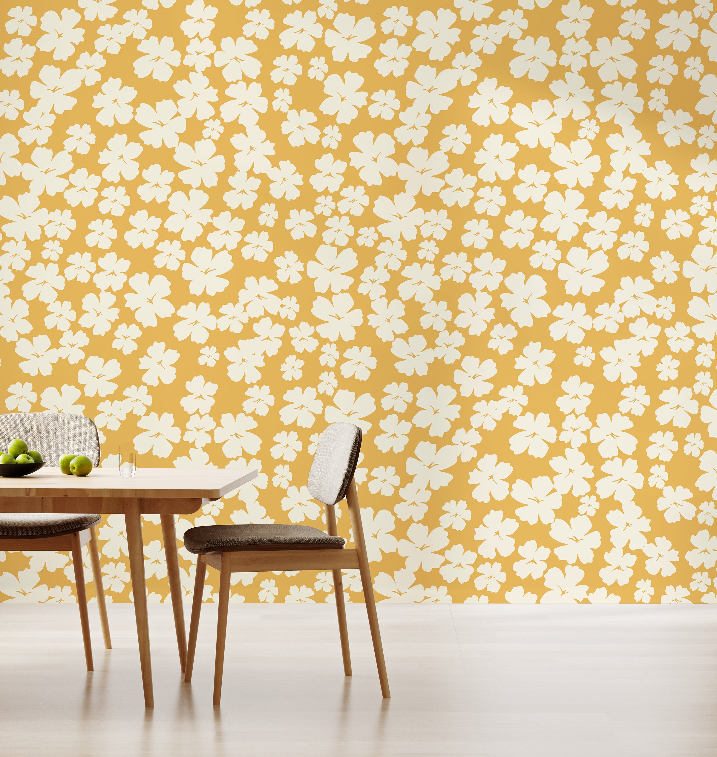 White Flower Wall Decor | Mustard Yellow Bloom Peel and Stick Wallpaper