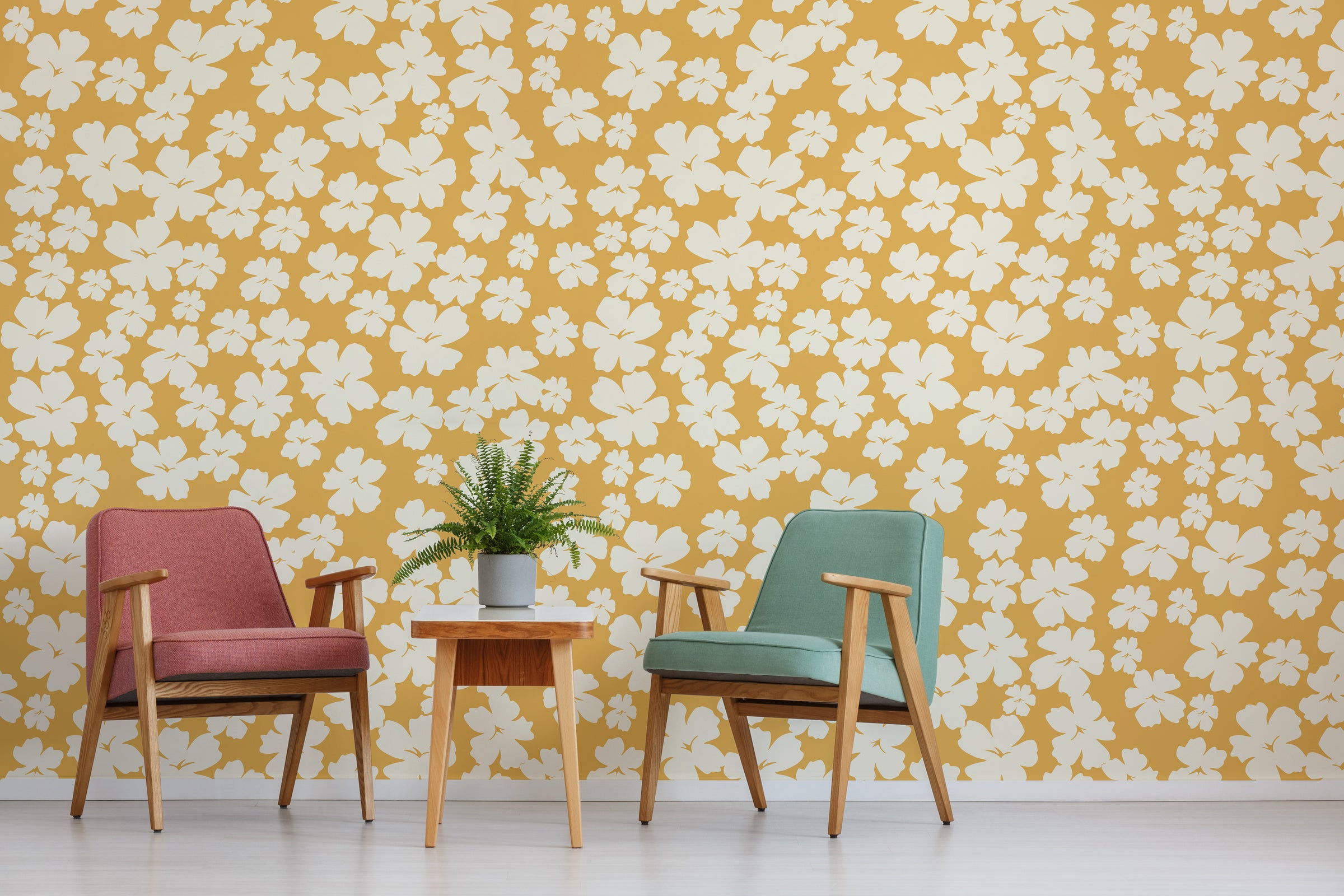 White Flower Wall Decor | Mustard Yellow Bloom Peel and Stick Wallpaper