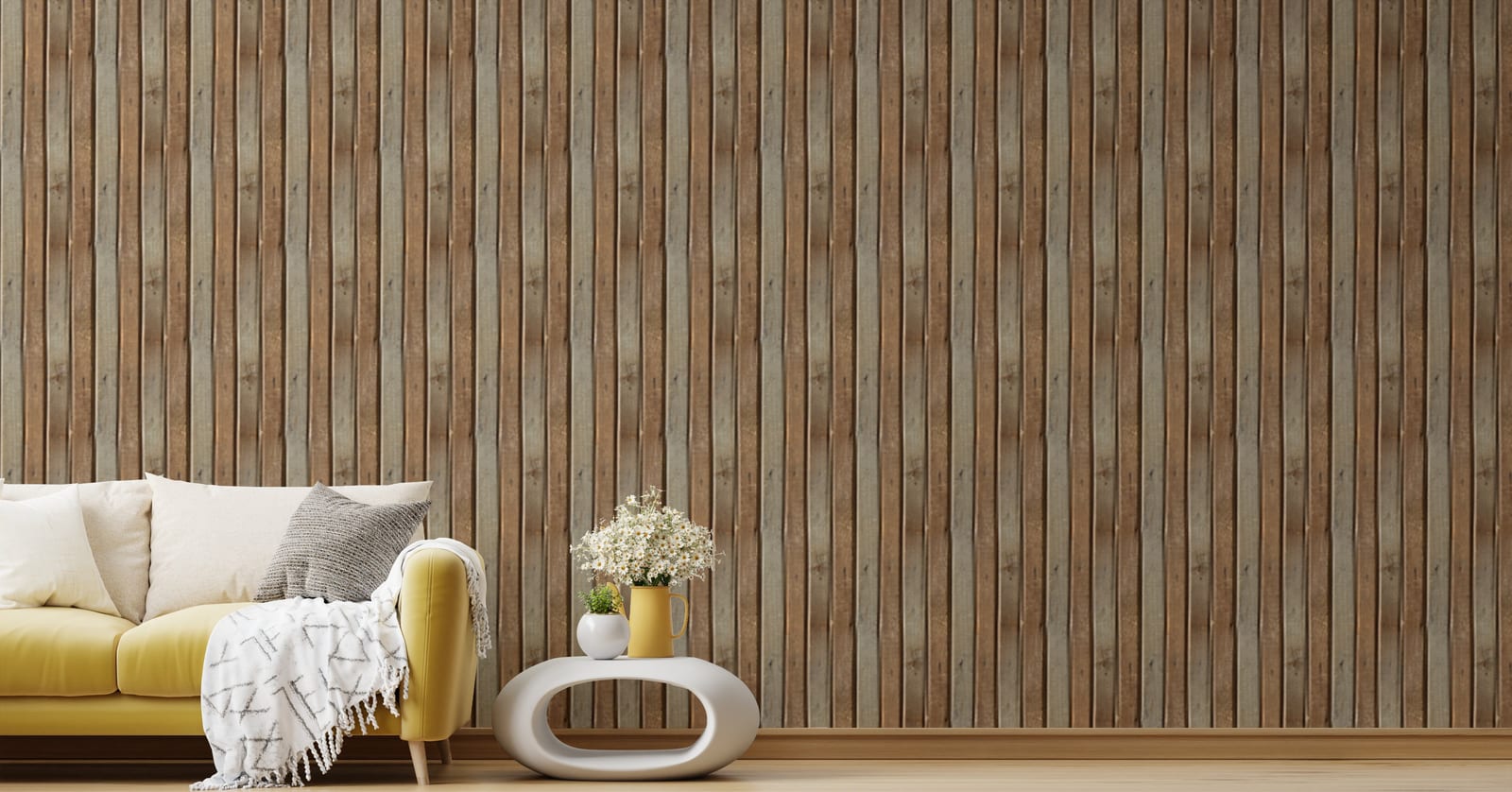 Rustic vertical slat wood wallpaper featuring natural oak toned wooden panels creating warm textured living room wall decor