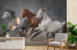 Modern office wall decor featuring running horses wallpaper with motion blur and dust effect in muted colors, ideal for creative spaces
