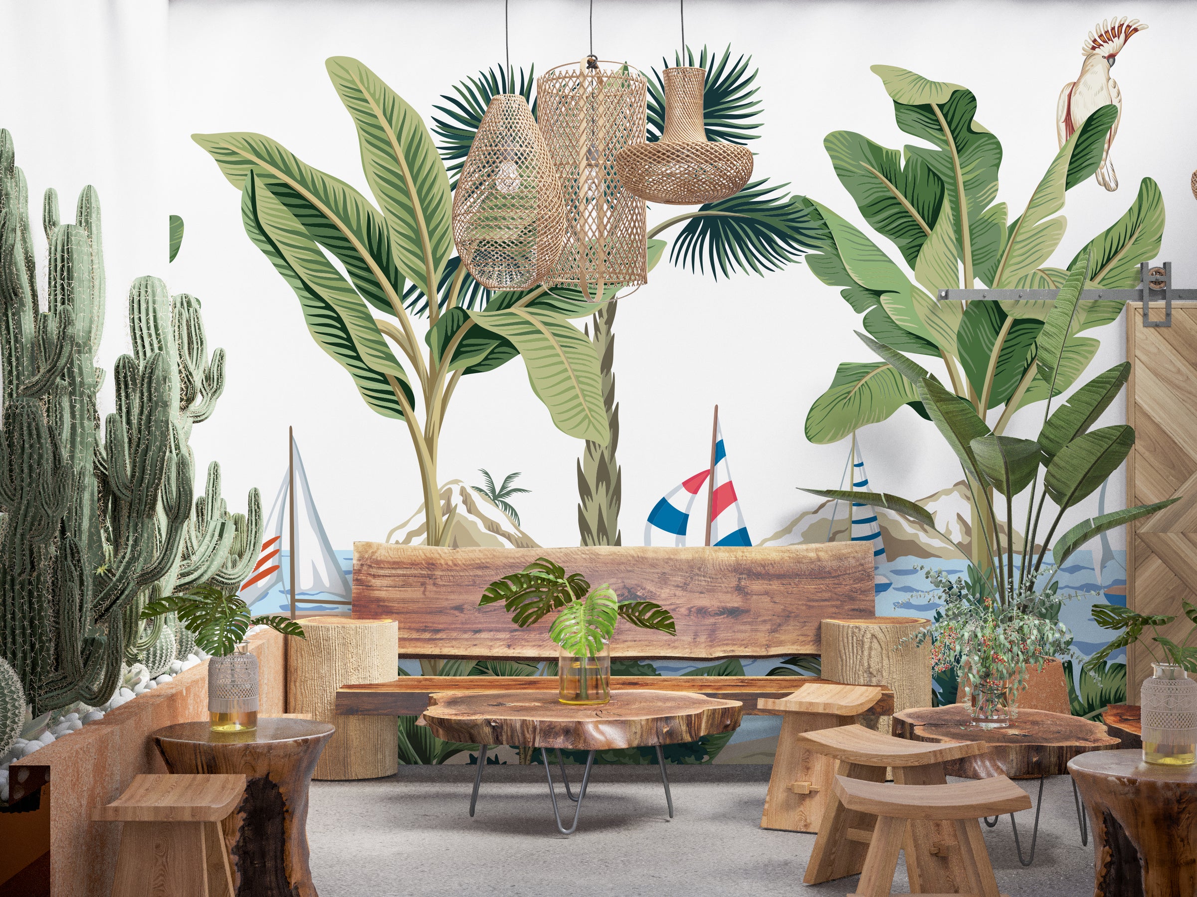 Exotic palm leaf decor adding vibrant green tones to modern home office