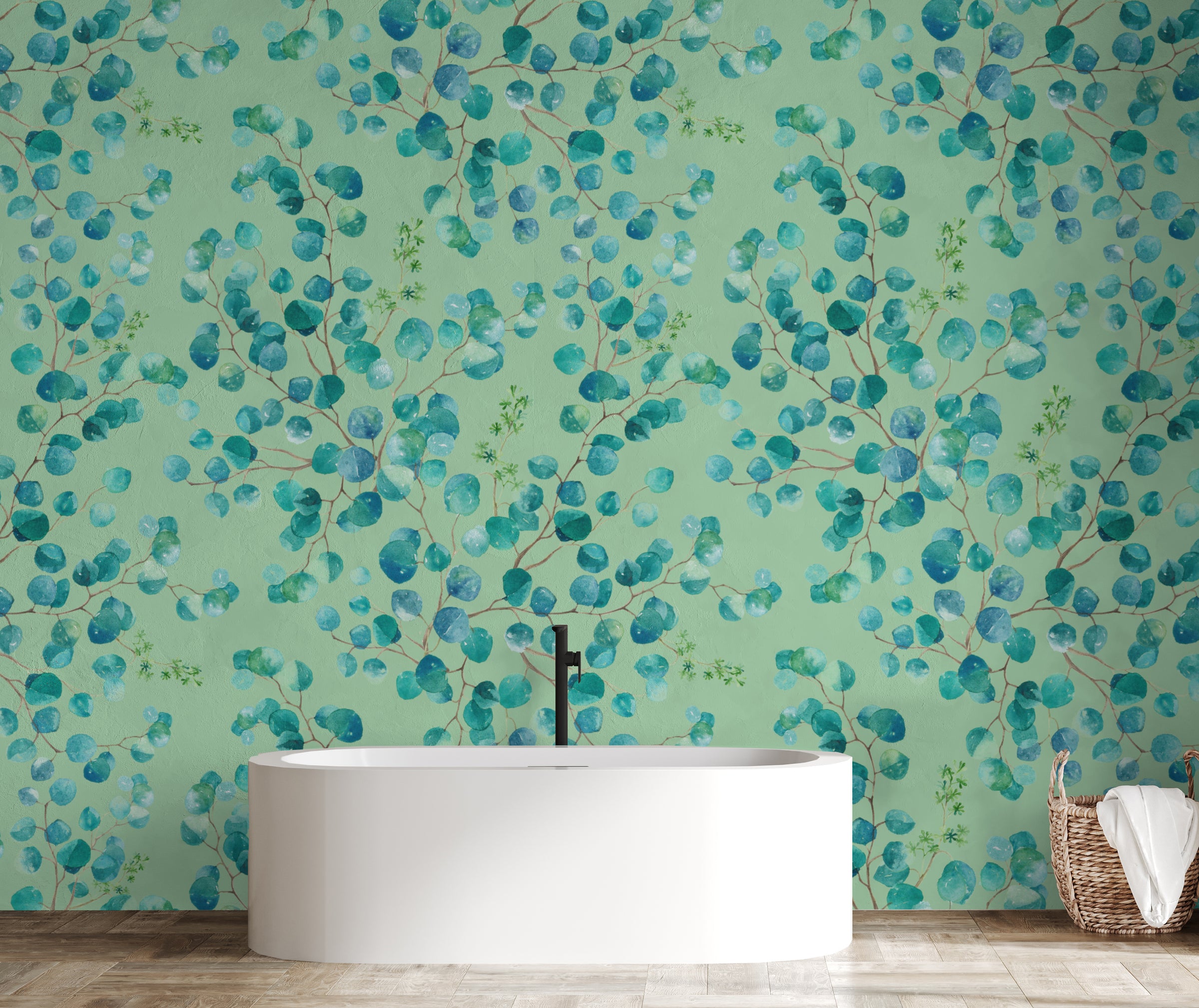Watercolor Eucalyptus Leaf Design | Blue Green Foliage Peel and Stick Wallpaper