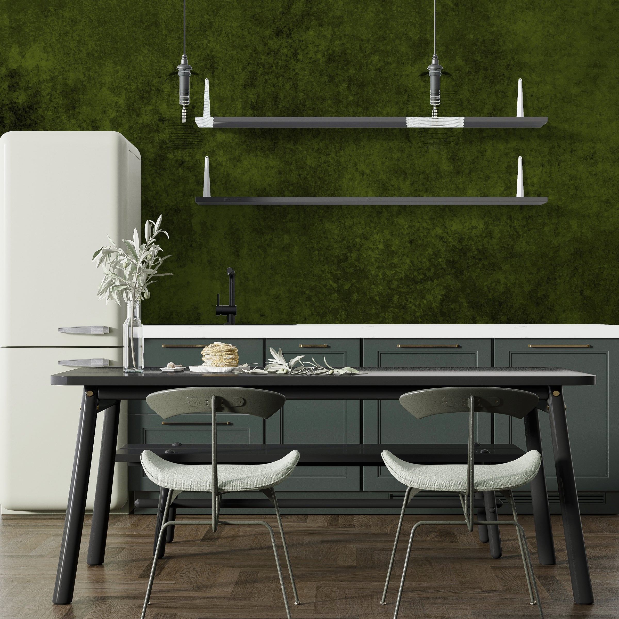 Premium textured green wallpaper adding sophisticated earthy charm to kitchen walls