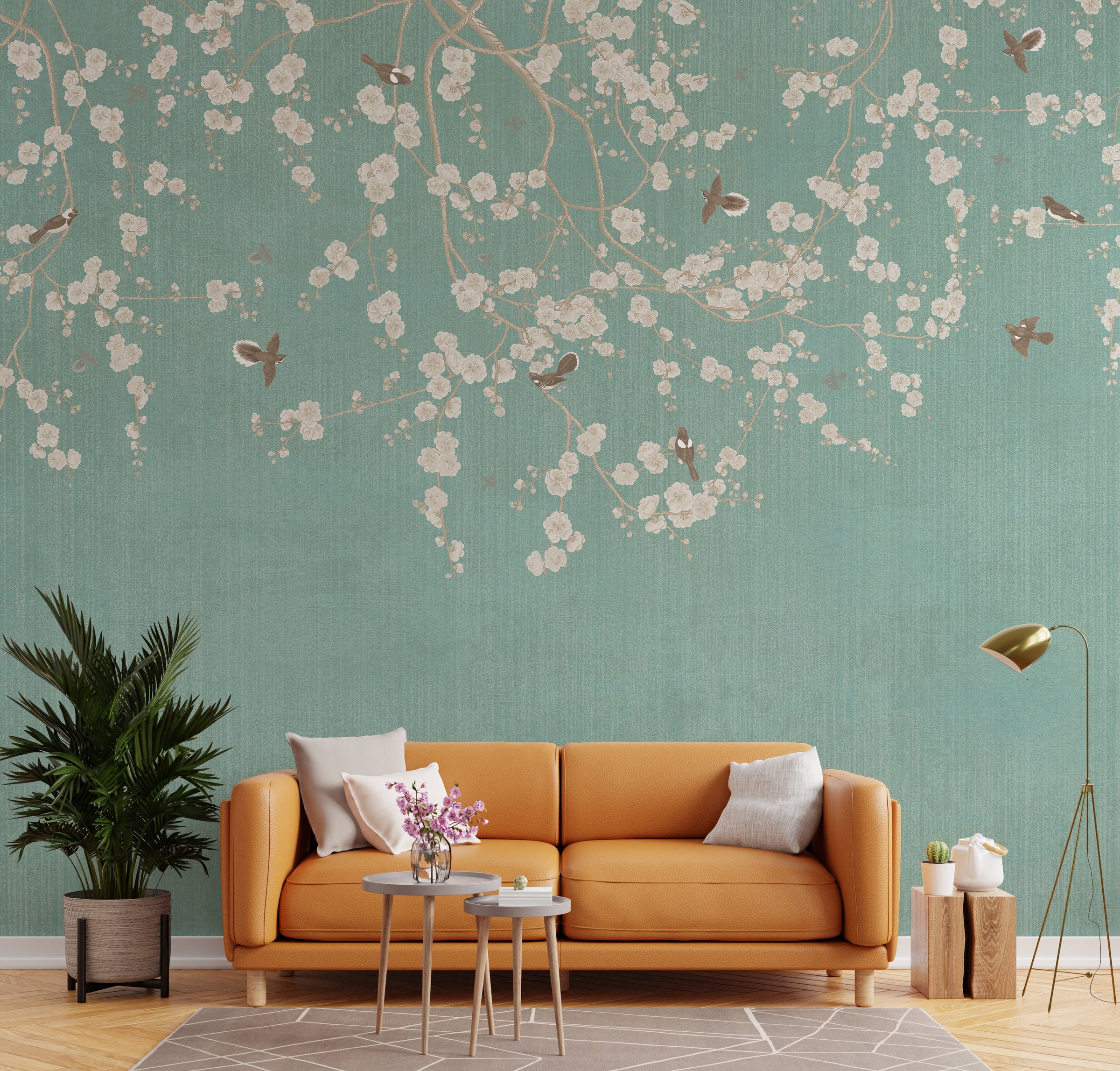 Branches Birds Green Design Vintage Wallpaper
