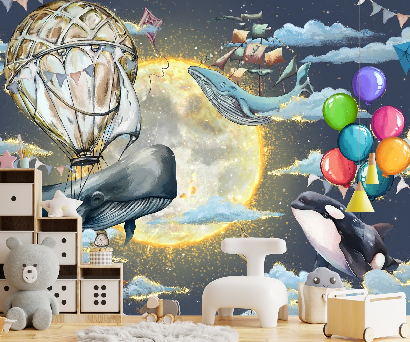 Contemporary children bedroom showcasing celestial sea creature wall art with glowing moon clouds and floating balloon decor.