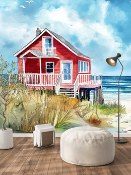 Serene coastal landscape mural with dunes and waves creating calm sleeping environment
