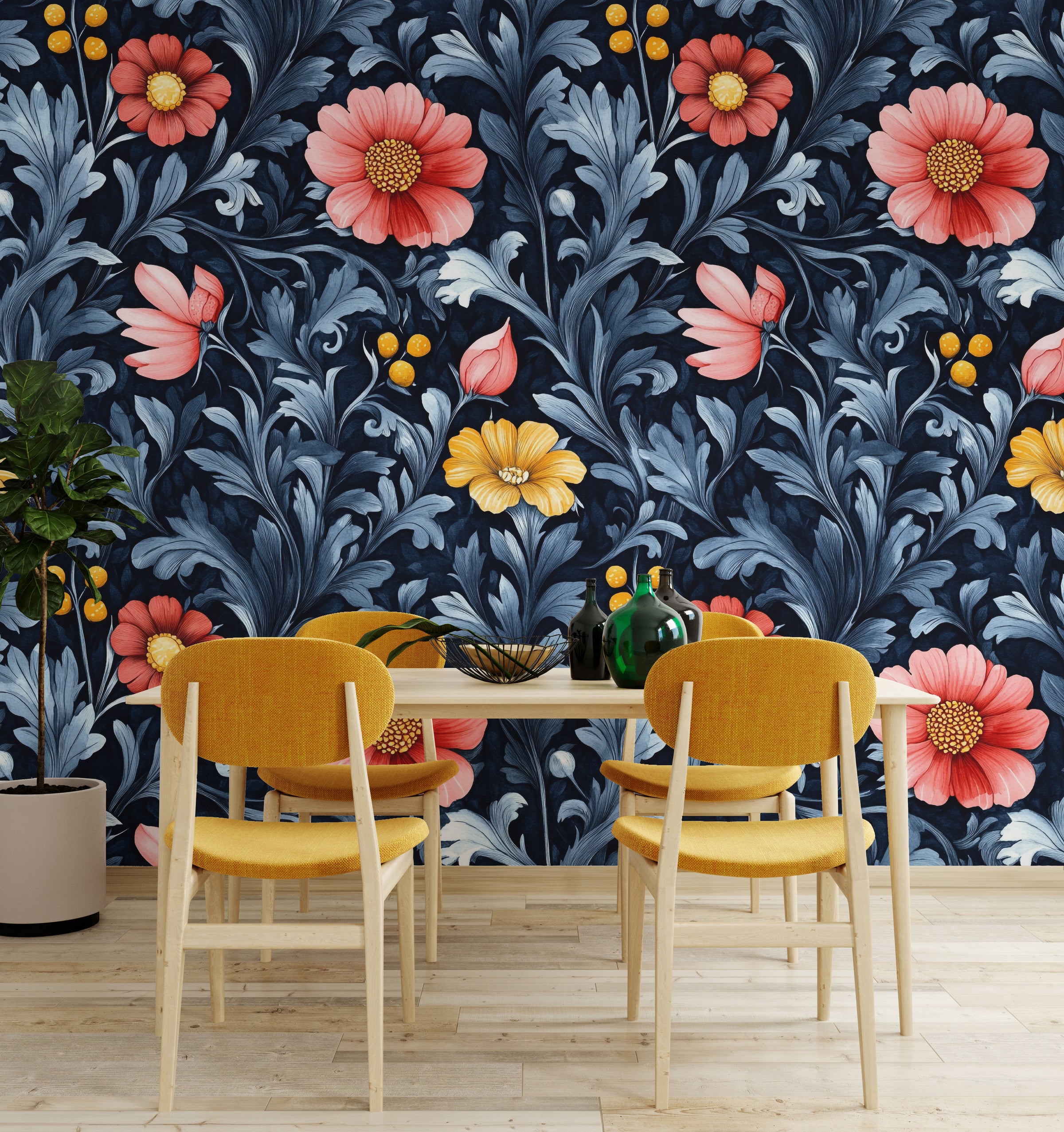 Dining room botanical wallpaper showcasing navy background with vibrant coral and golden blossoms