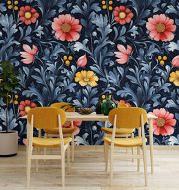 Dining room botanical wallpaper showcasing navy background with vibrant coral and golden blossoms