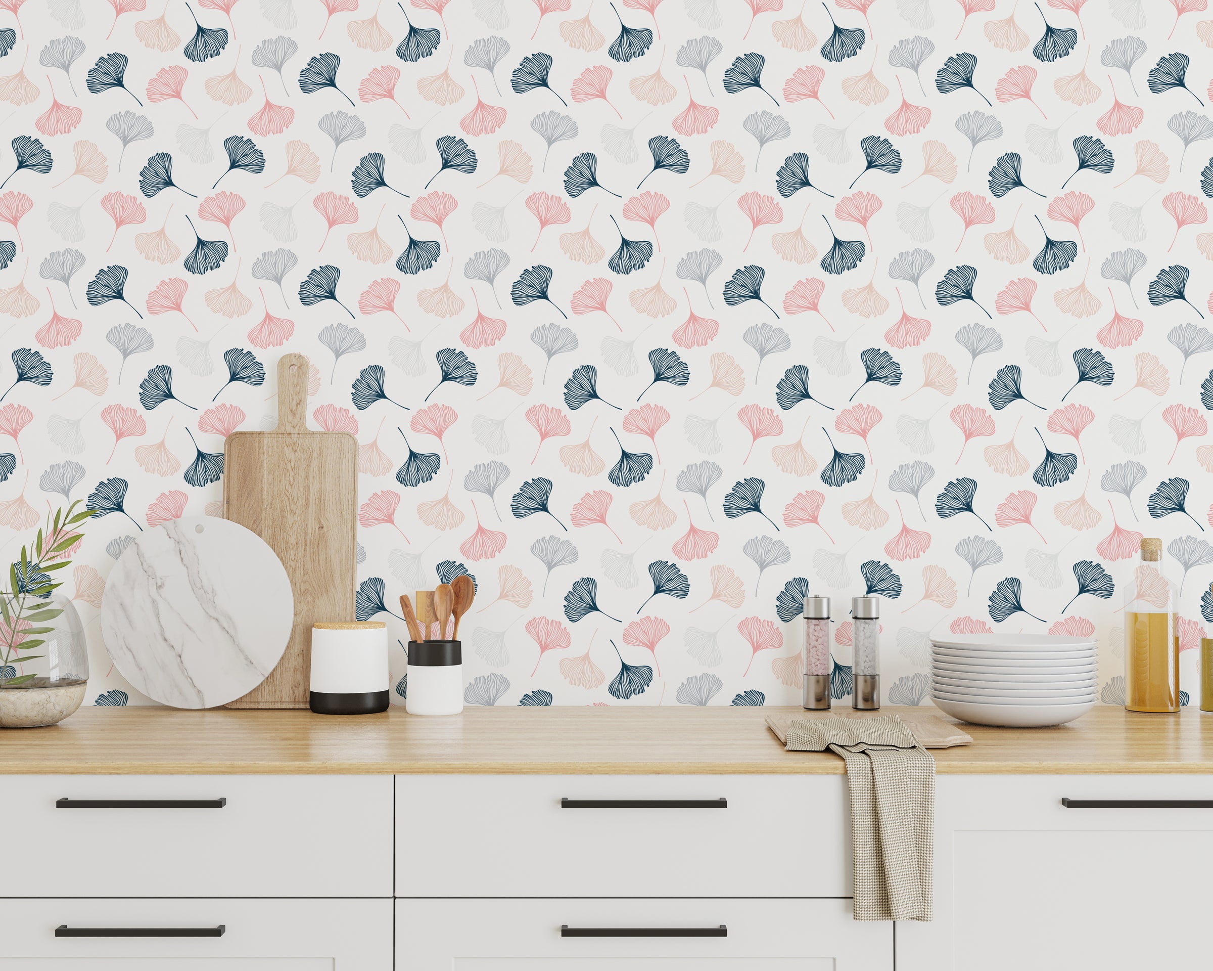 Minimal floral ginkgo pattern wall design for kitchen background