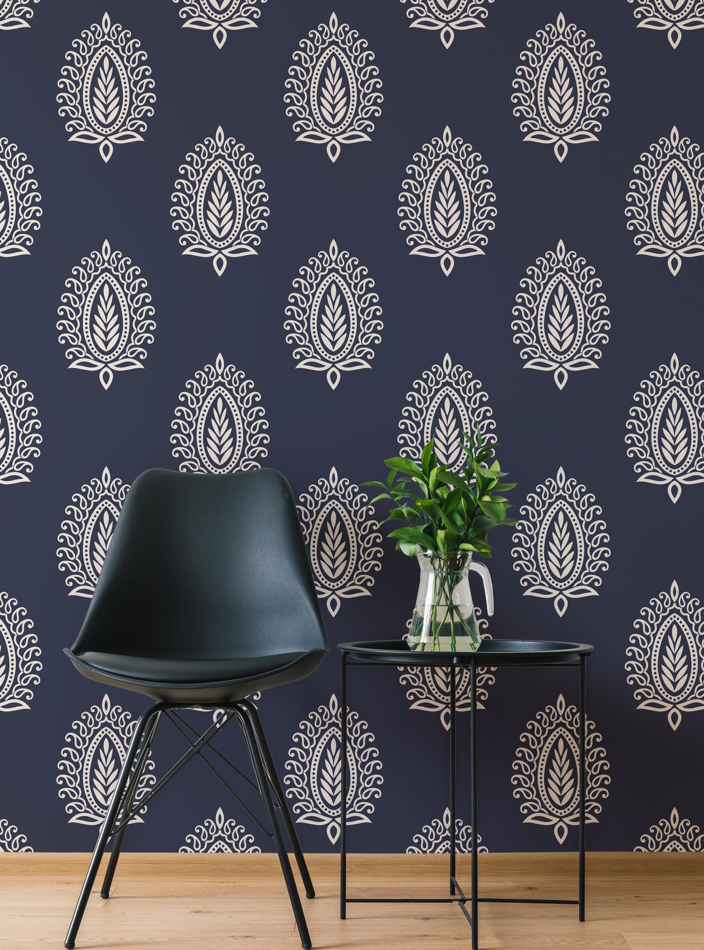 Navy boho wallpaper intricate paisley elements bring charm to minimalist apartment interiors