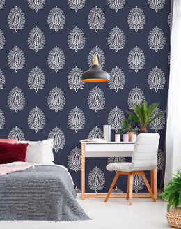 Boho paisley wallpaper deep blue design creates elegant and calming bedroom feature wall