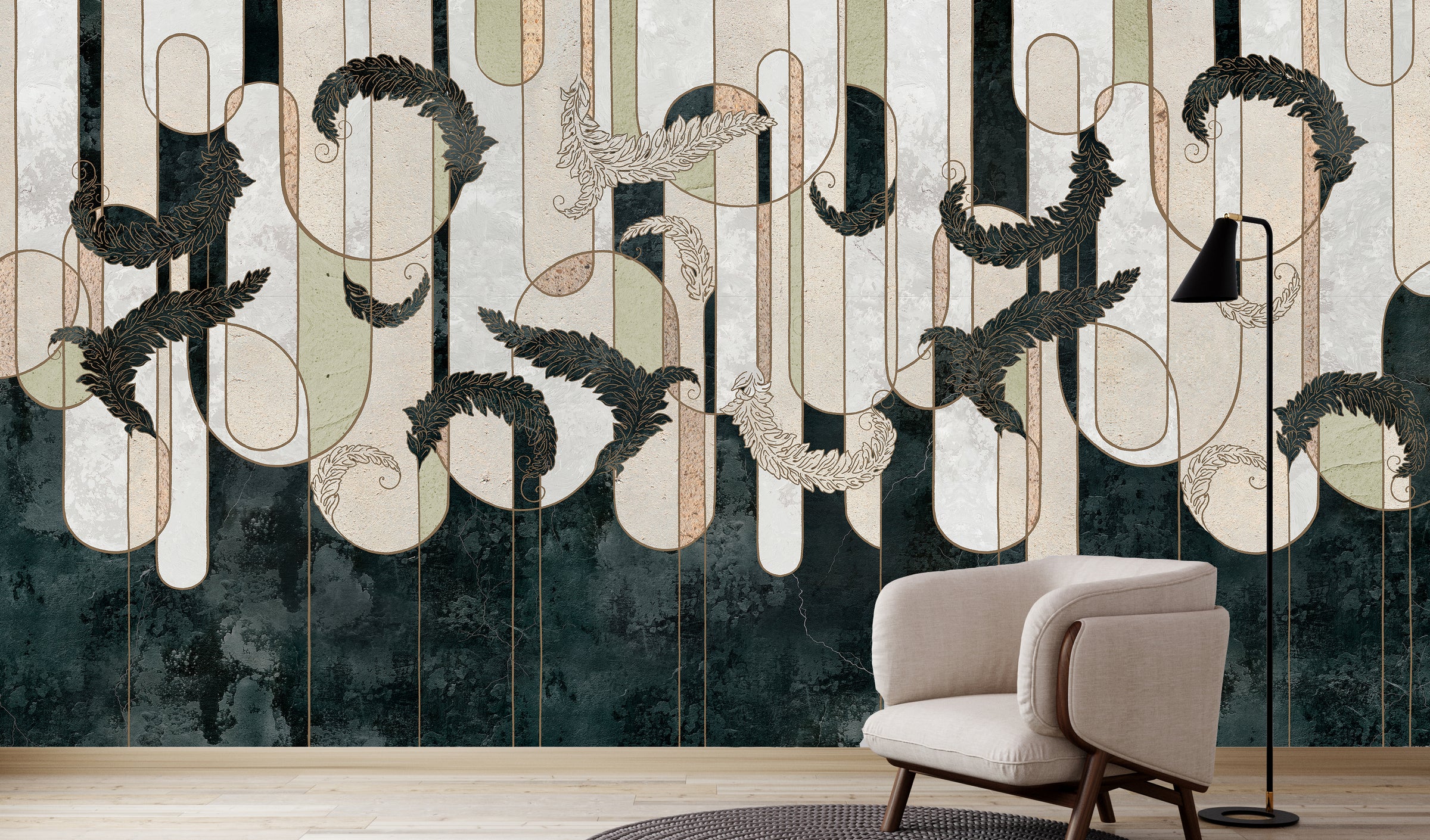 Stylish botanical wall mural with flowing leaf motifs, neutral palette elevating narrow hallway interiors