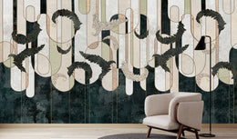 Stylish botanical wall mural with flowing leaf motifs, neutral palette elevating narrow hallway interiors