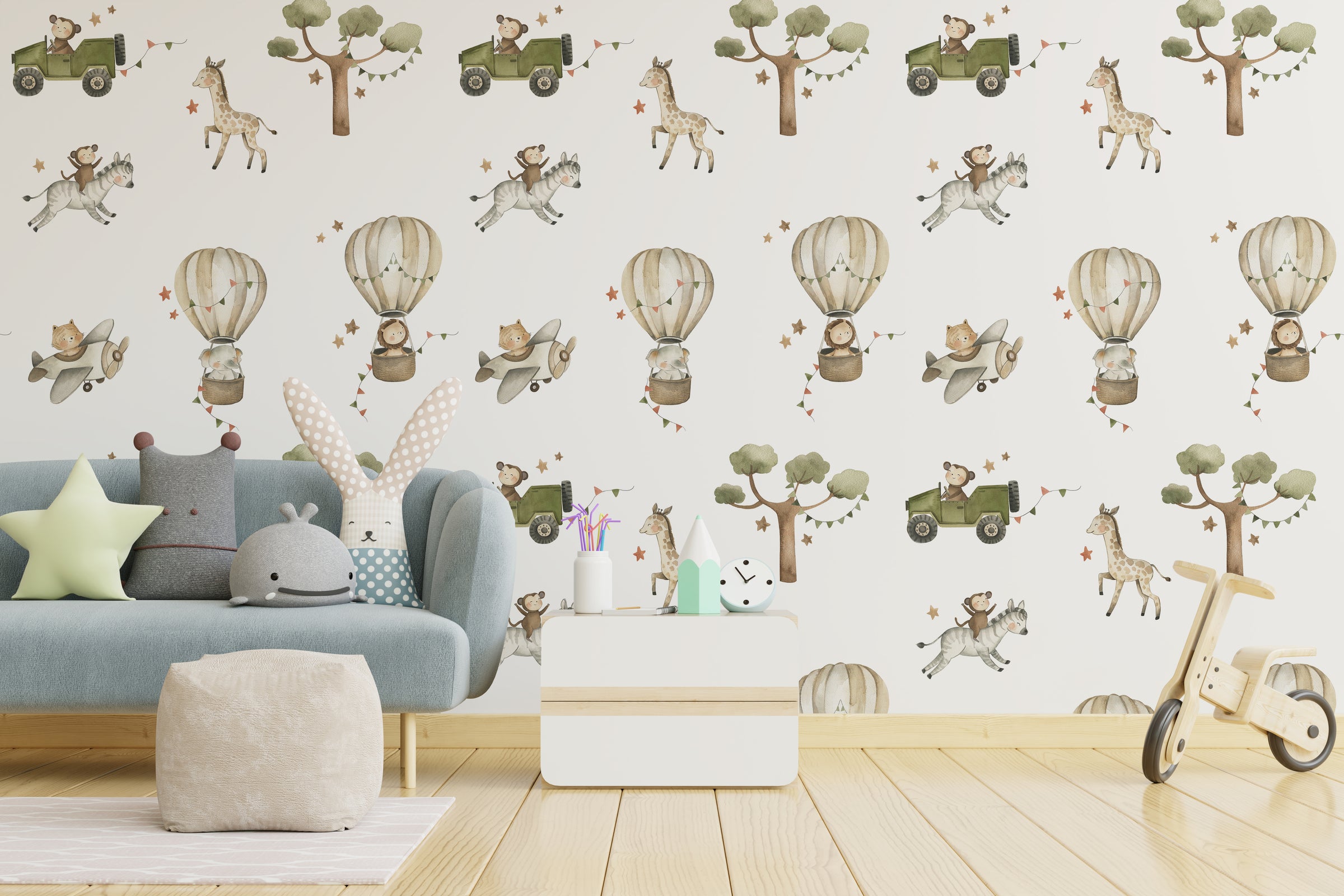 Modern kids bedroom wallpaper with jungle animals, hot air balloons, neutral colors