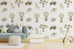 Modern kids bedroom wallpaper with jungle animals, hot air balloons, neutral colors