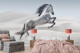 Galloping desert horse wallpaper mural installed on bedroom feature wall creating luxurious atmosphere with contemporary interior aesthetics