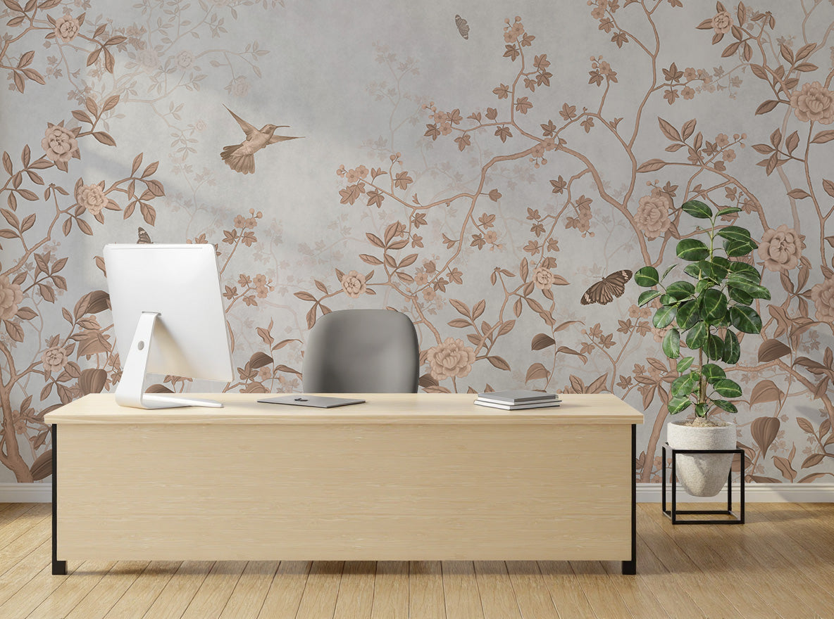 Beige floral bird wallpaper adding premium aesthetic touch to modern home office decor