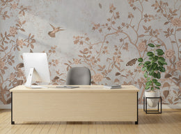 Beige floral bird wallpaper adding premium aesthetic touch to modern home office decor