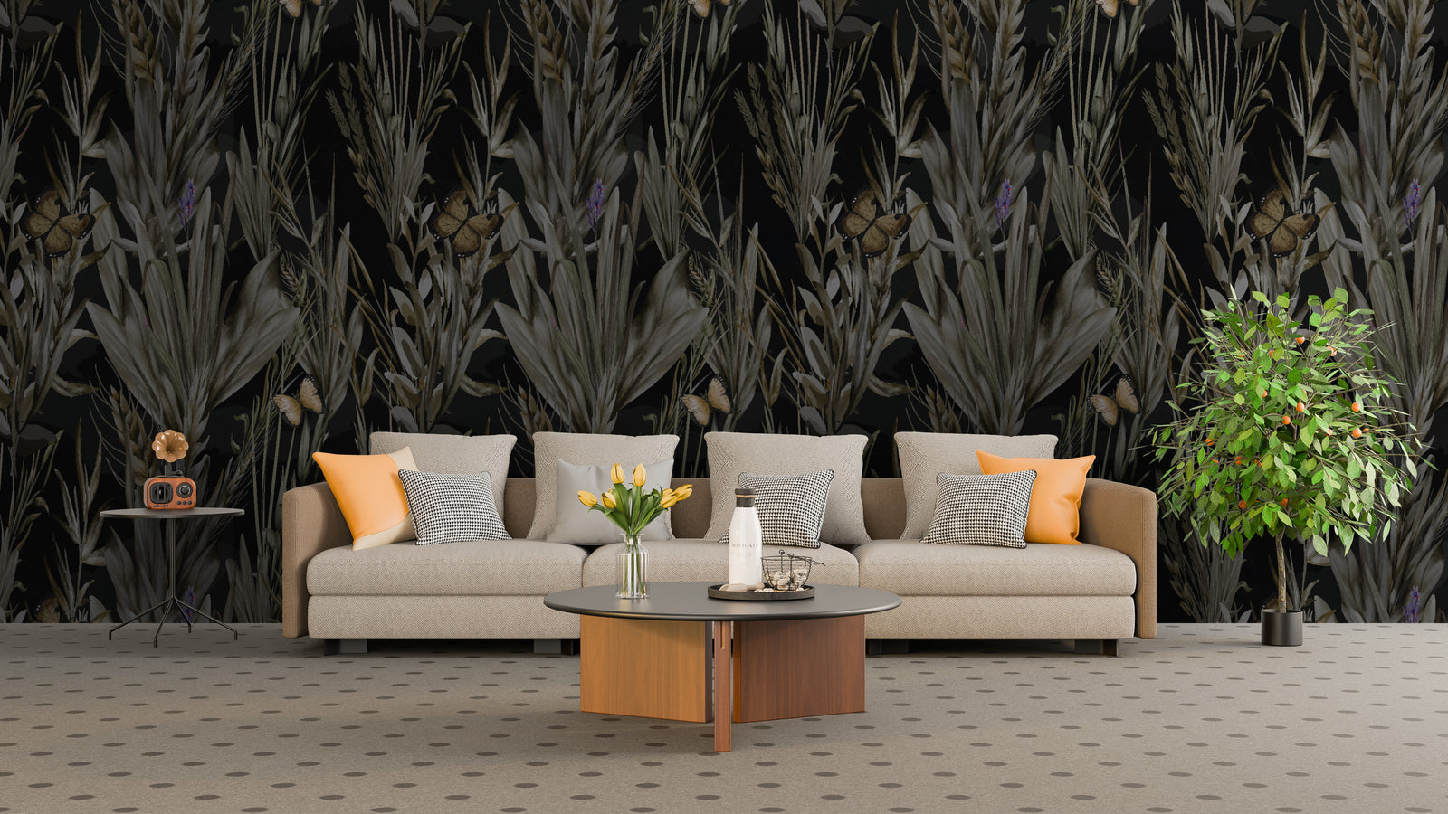 Bold living room featuring dark botanical wallpaper with vibrant butterflies and tropical foliage in deep black, perfect for statement interiors