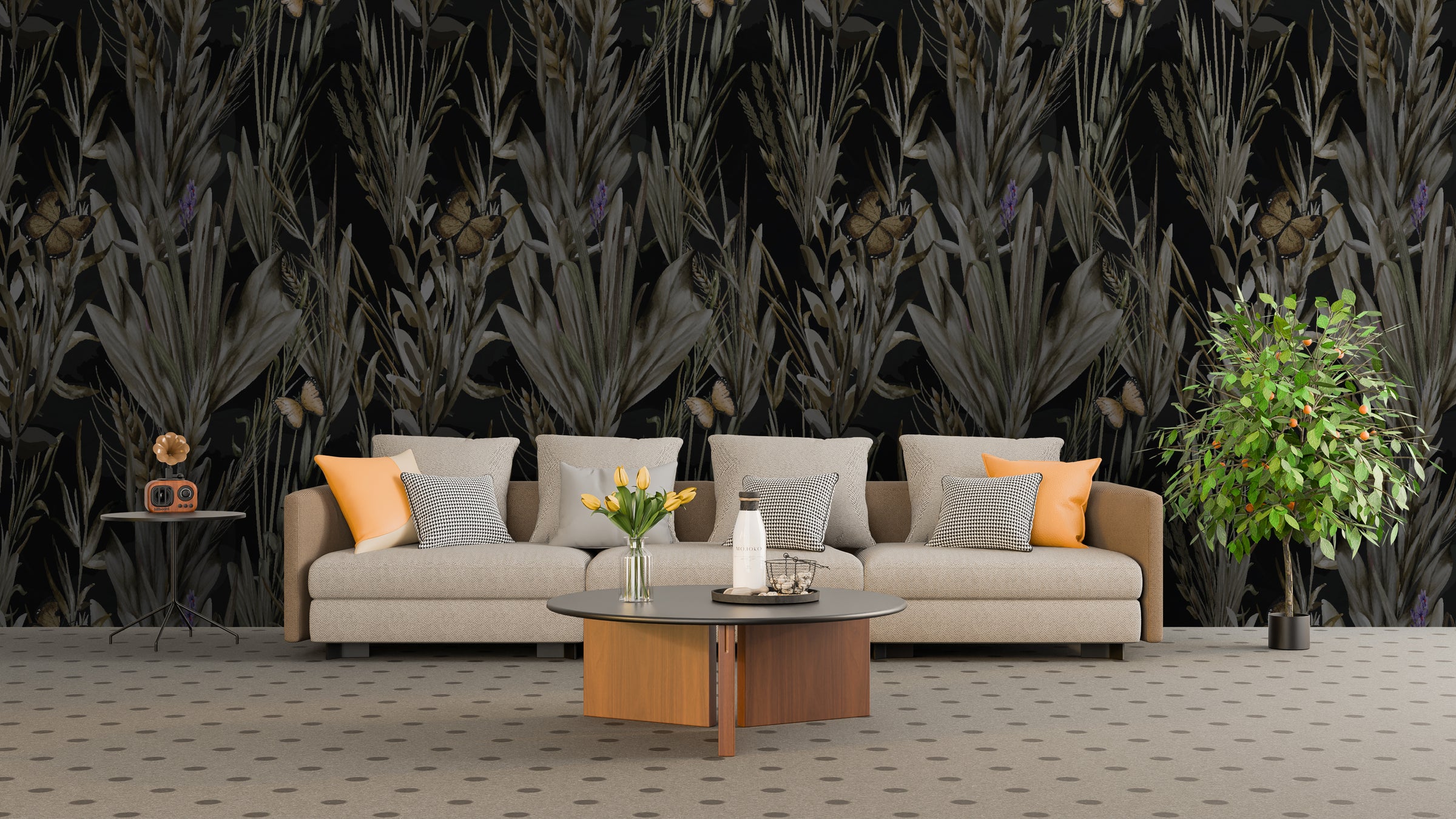 Bold living room featuring dark botanical wallpaper with vibrant butterflies and tropical foliage in deep black, perfect for statement interiors