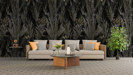 Bold living room featuring dark botanical wallpaper with vibrant butterflies and tropical foliage in deep black, perfect for statement interiors