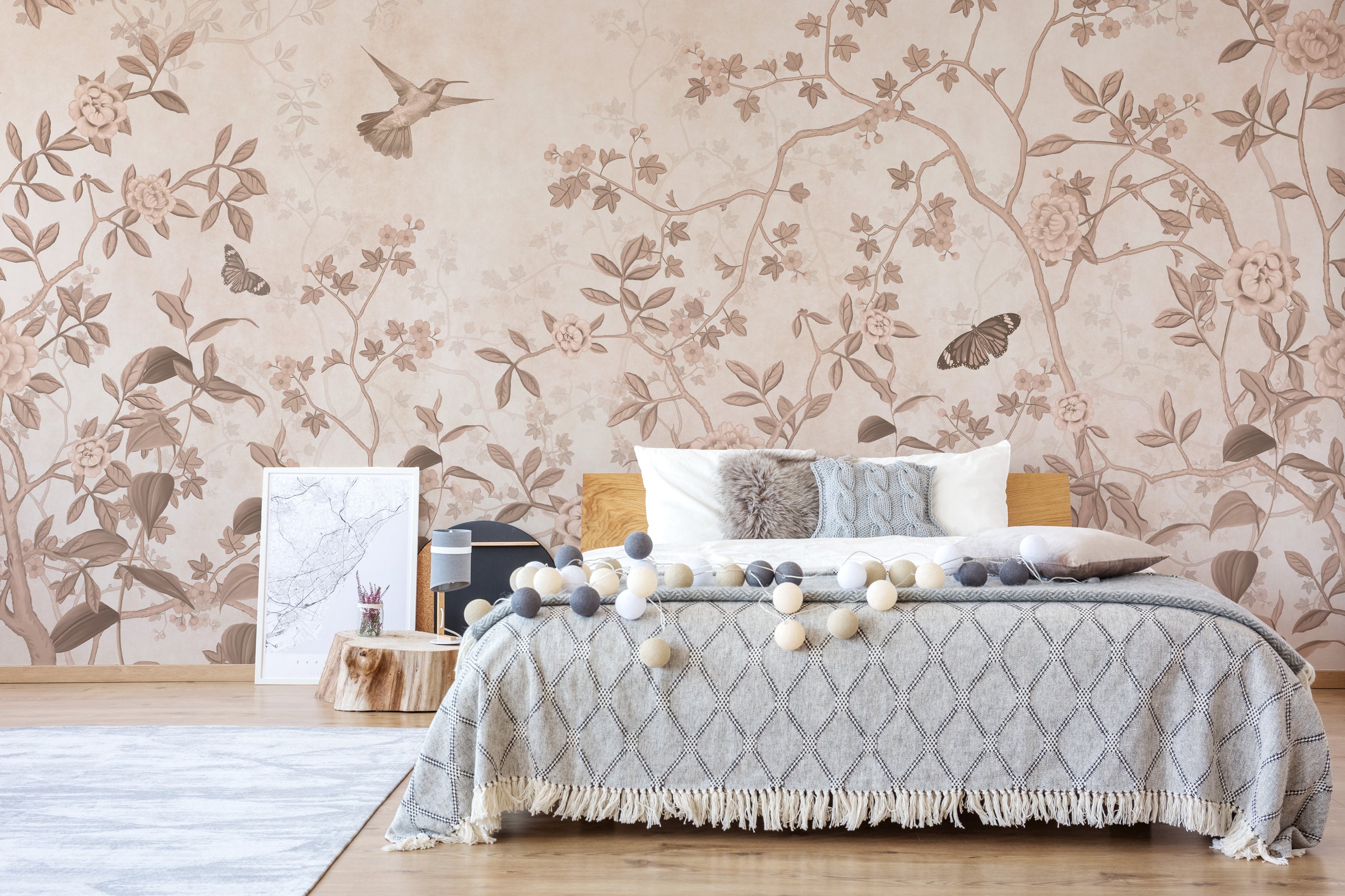 Neutral floral bird wall decor creating calm elegant bedroom interior with soft beige tones