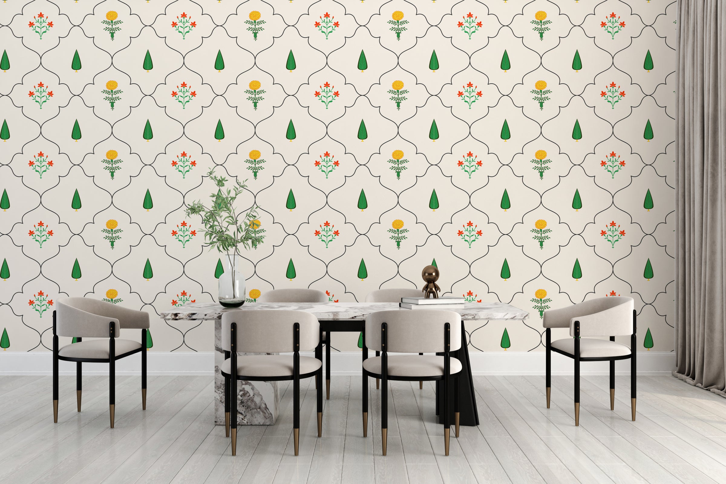 Modern botanical wallpaper with floral motifs for dining feature wall
