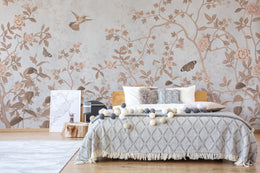Vintage botanical mural with birds and soft neutral tones for elegant bedroom interior