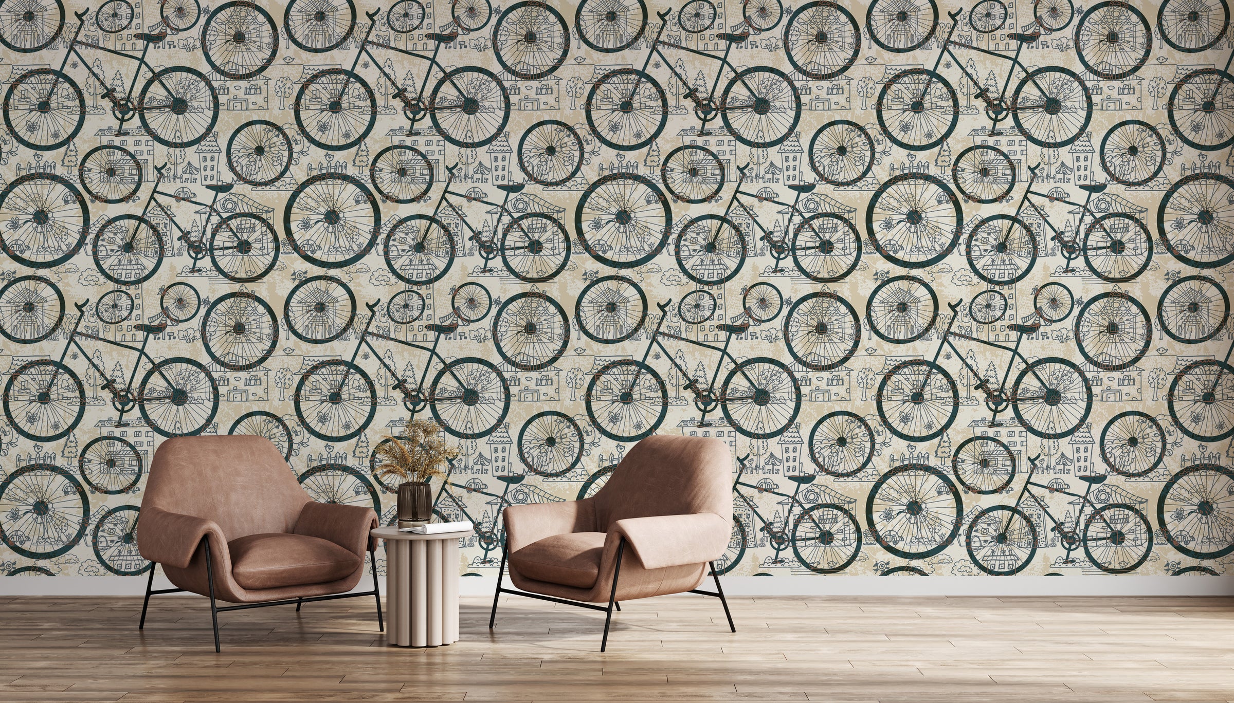 Vintage bike wallpaper showcasing sketch-style wheels in neutral colors for kids bedroom interior
