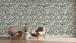 Vintage bike wallpaper showcasing sketch-style wheels in neutral colors for kids bedroom interior