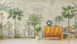 Botanical palm tree wallpaper with European arches, ideal for stylish homes in Texas, Manchester, Berlin, and modern suburban interiors.