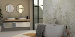 Subtle greenery tree mural enhancing contemporary bathroom ambiance