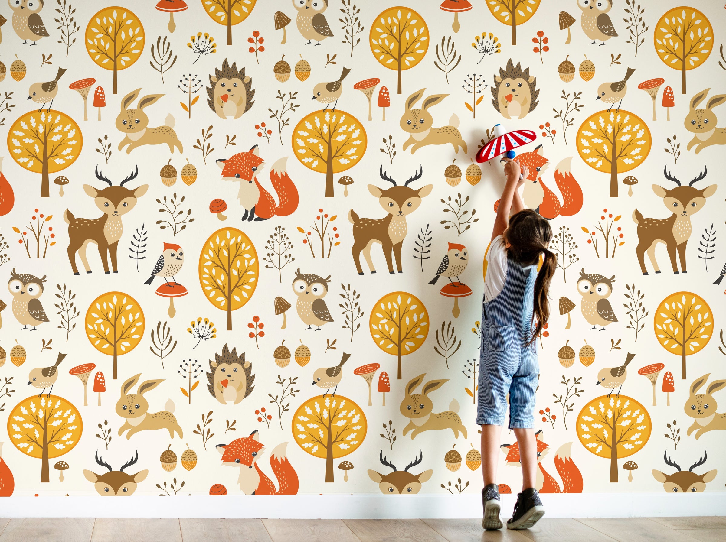 Kids nursery wallpaper with cute woodland animals trees mushrooms soft earthy colors